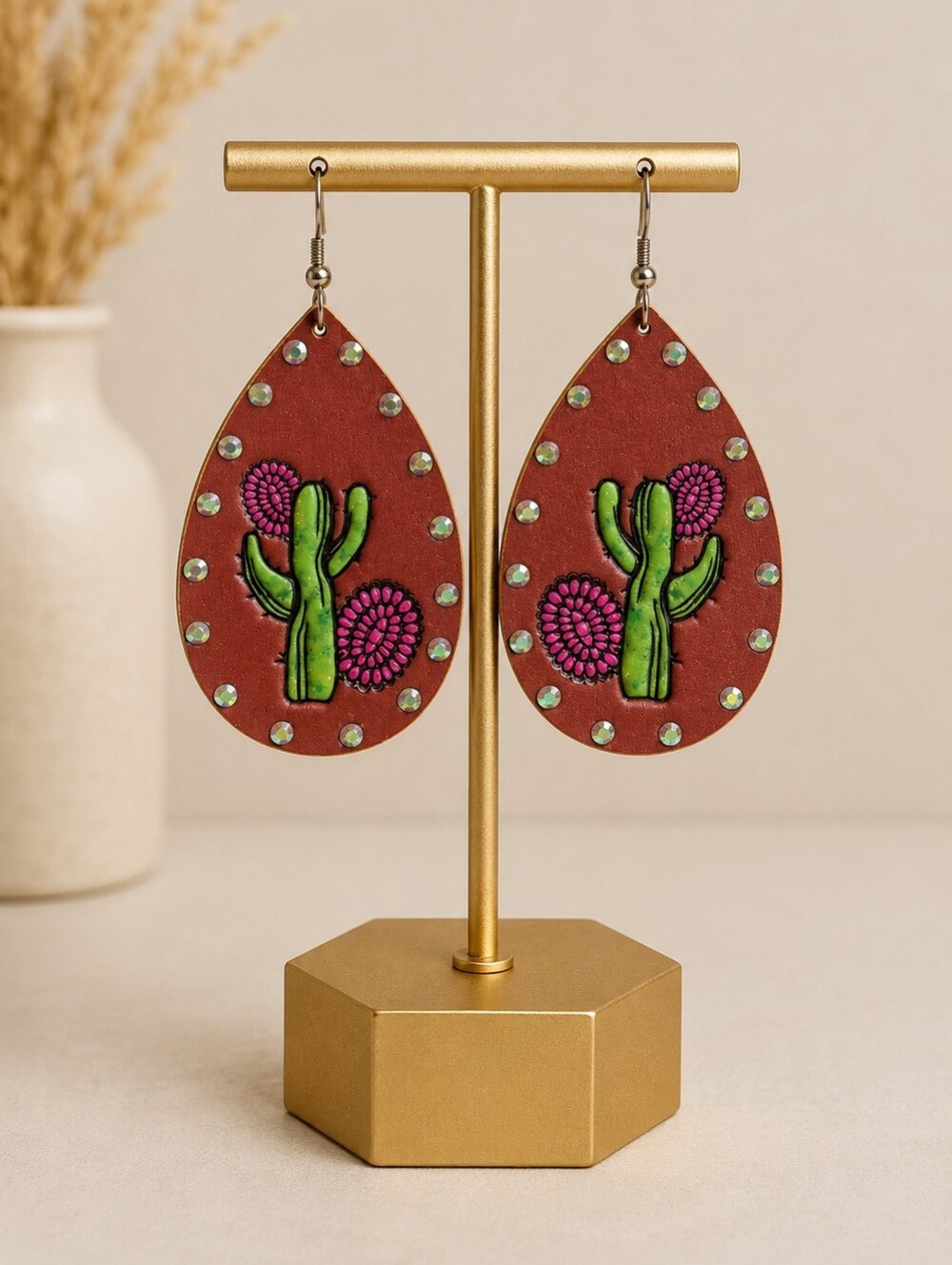 Brown Teardrop Cactus Embroidered Earrings - Unbranded - NWOT